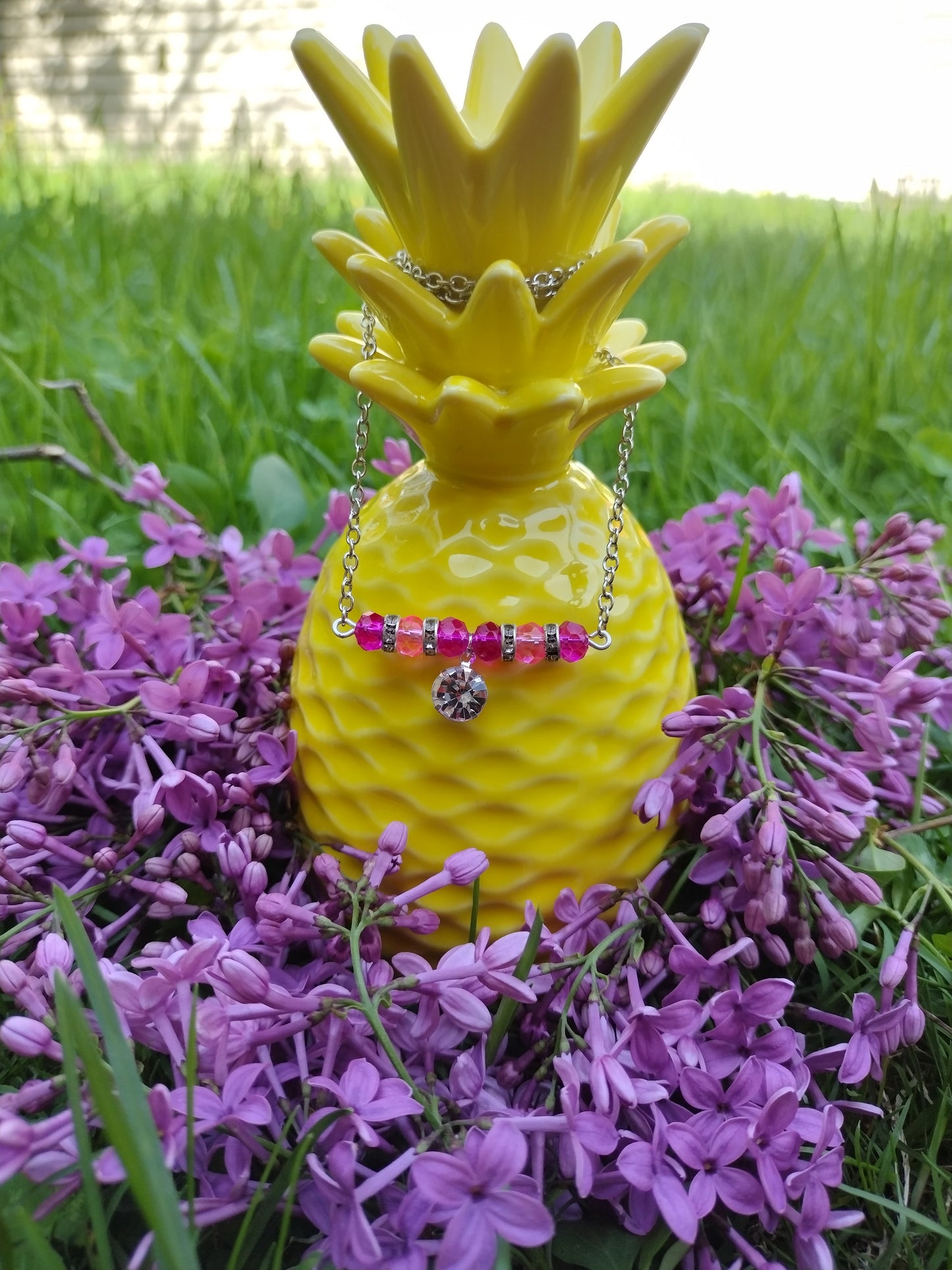 Pink Rhinestone Bar Necklace Pretty Pineapple Bead Pretty Pineapple Bead