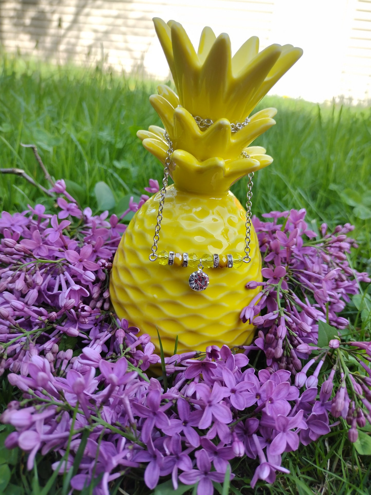 Yellow Rhinestone Bar Necklace Pretty Pineapple Bead Pretty Pineapple Bead