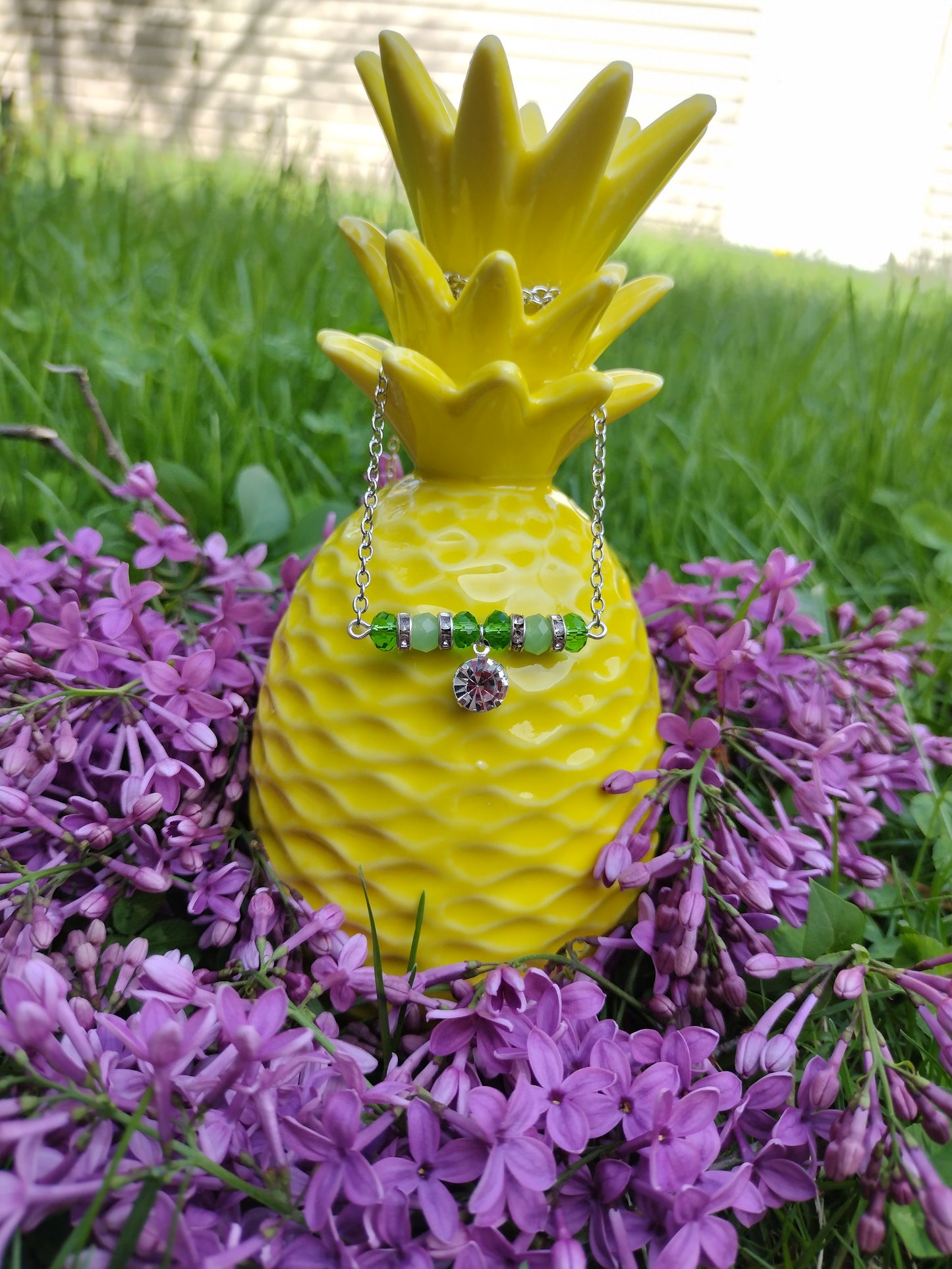 Light Green Rhinestone Bar Necklace Pretty Pineapple Bead Pretty Pineapple Bead