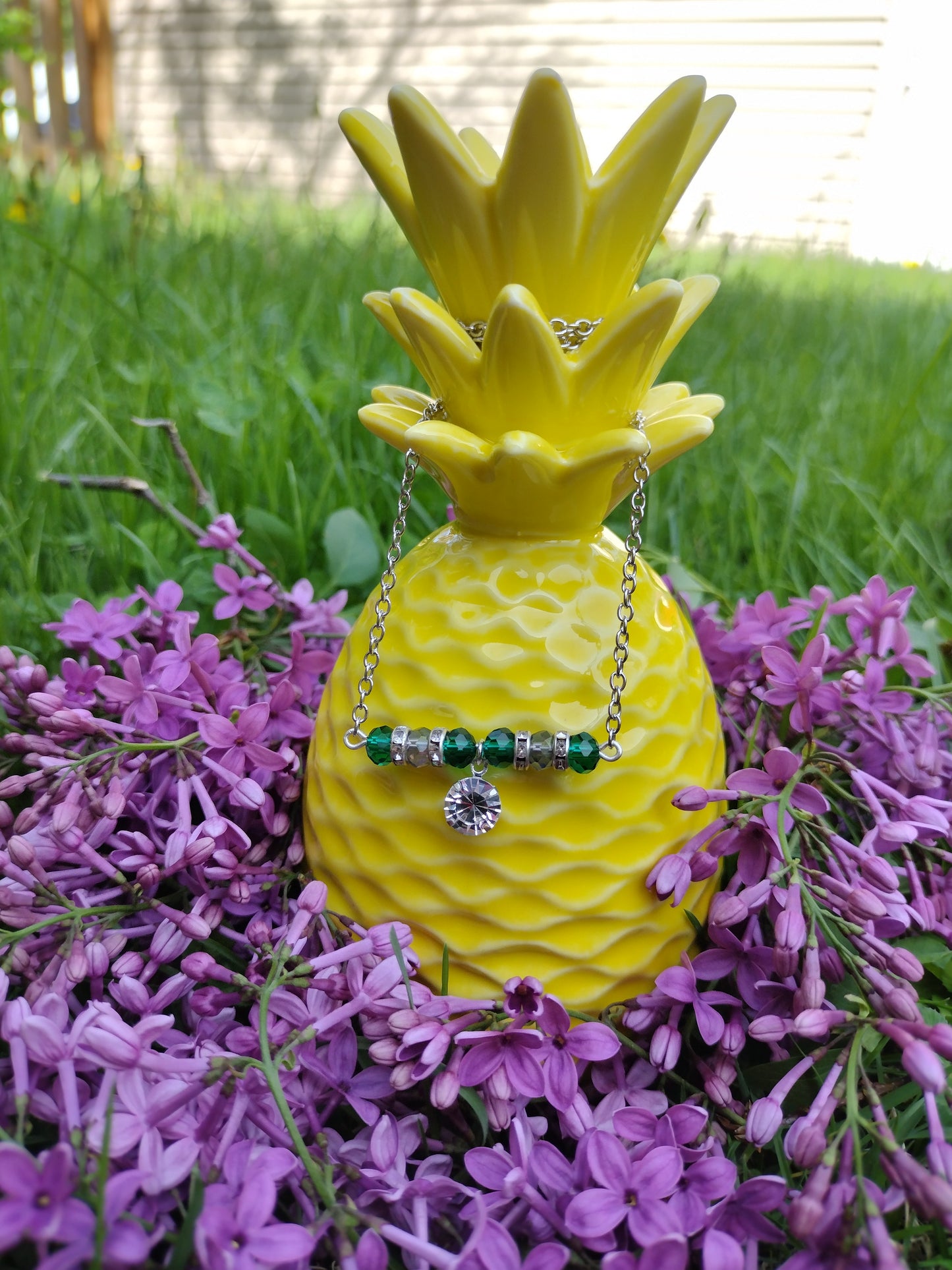 Green Rhinestone Bar Necklace Pretty Pineapple Bead Pretty Pineapple Bead