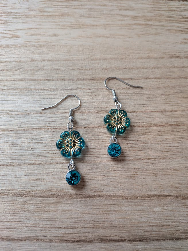 Teal Flower and Blue Crystal Drop Earrings