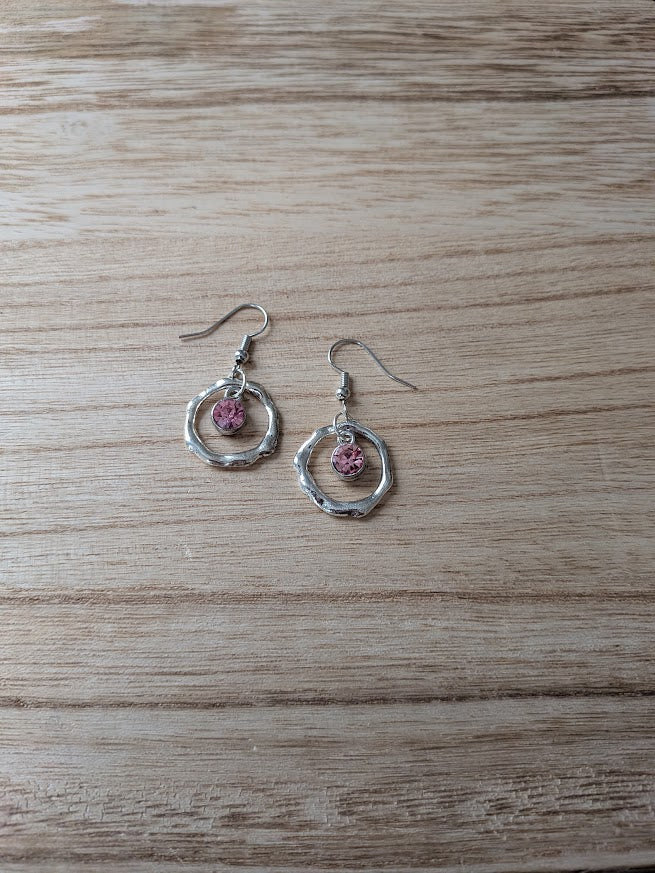 Silver Hoop and Light Pink Crystal Earrings