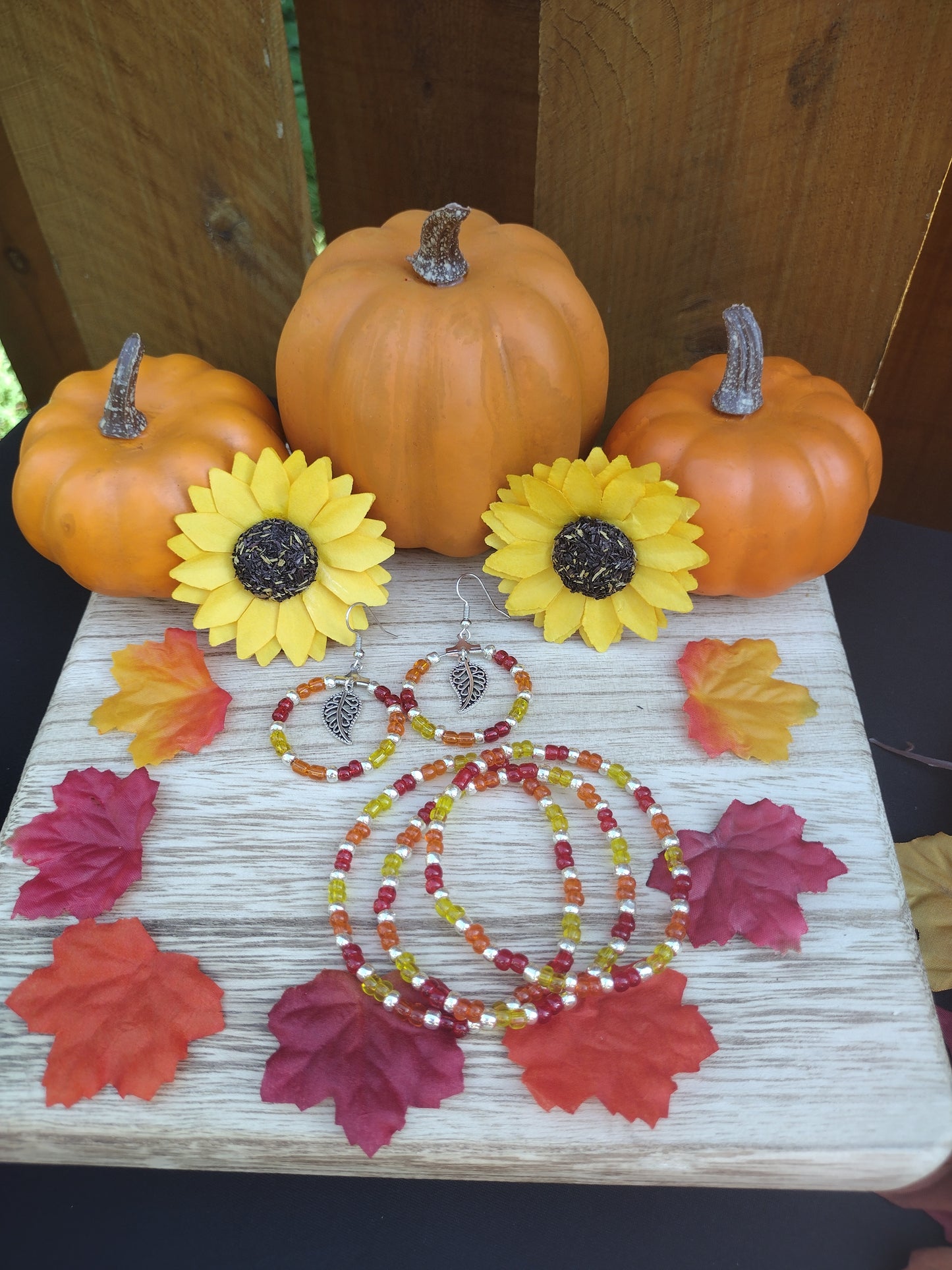 Fall Leaf Bright Colors Seed Bead Hoop Earrings