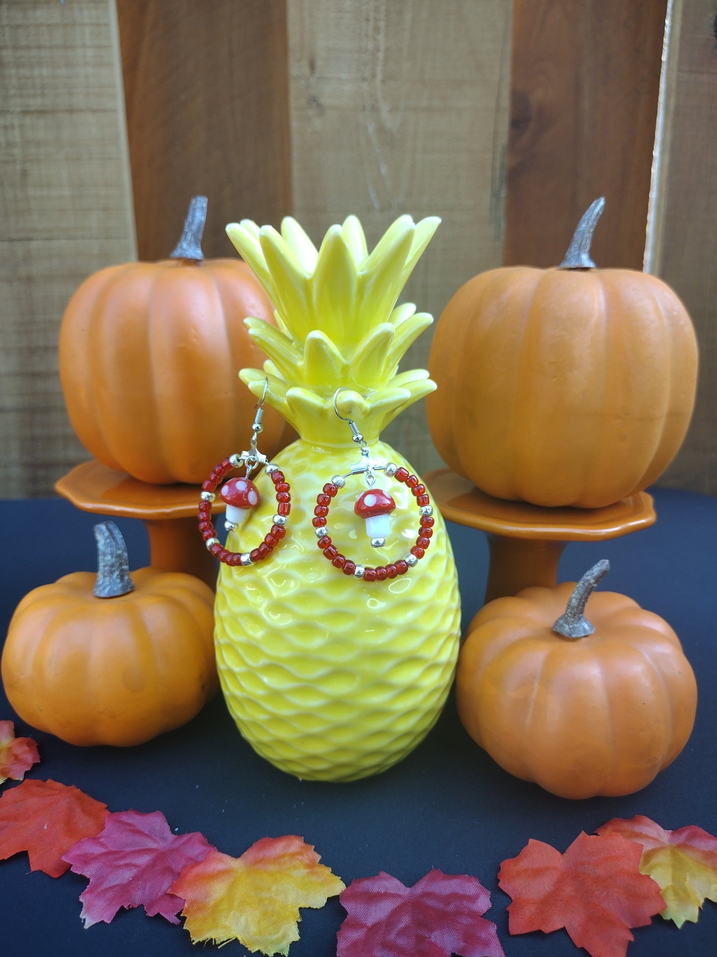 Red Mushroom Seed Bead Hoop Earrings Pretty Pineapple Bead Pretty Pineapple Bead