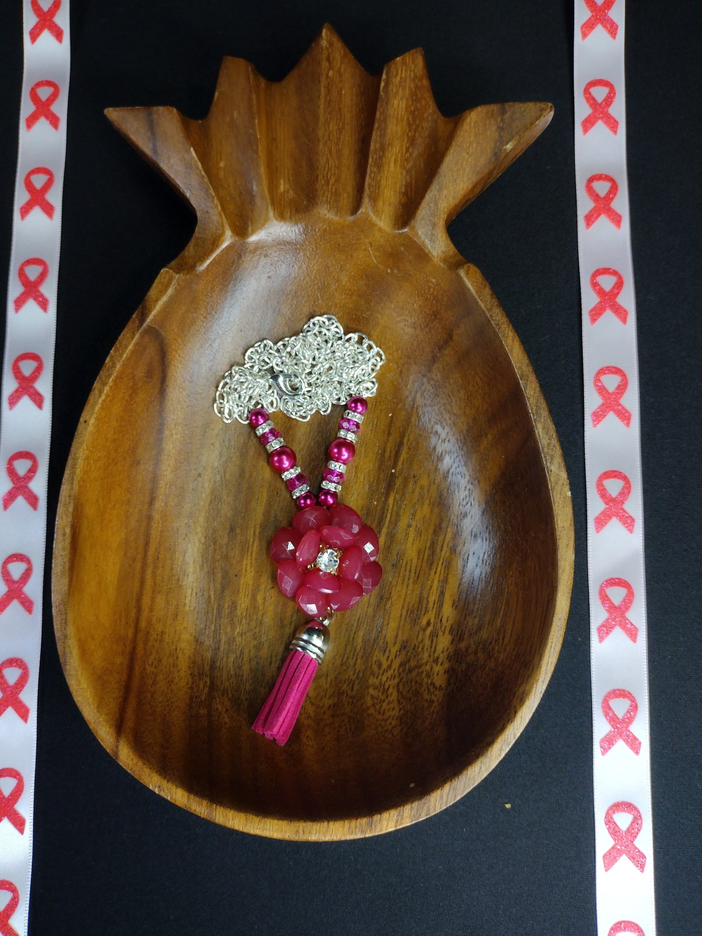 Dark Pink Flower Ribbon Necklace