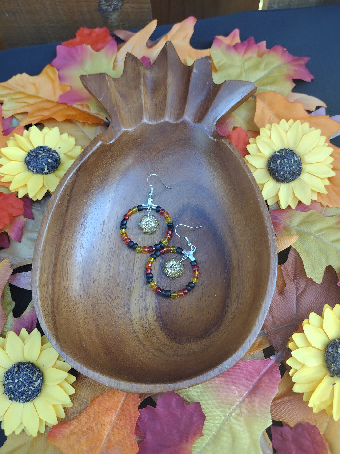 Fall Golden Flower Seed Bead Hoop Earrings Pretty Pineapple Bead Pretty Pineapple Bead