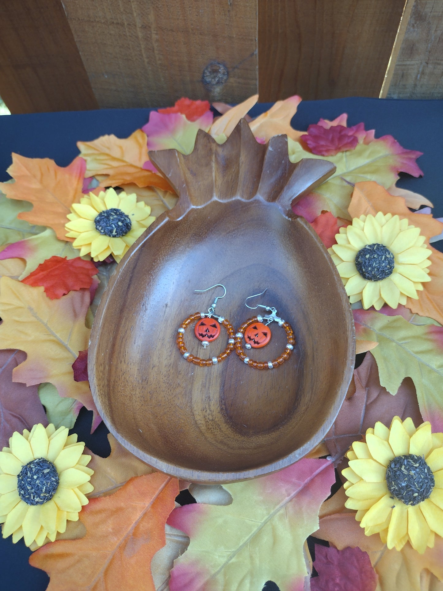 Orange Jack-o'-lantern Seed Bead Hoop Earrings