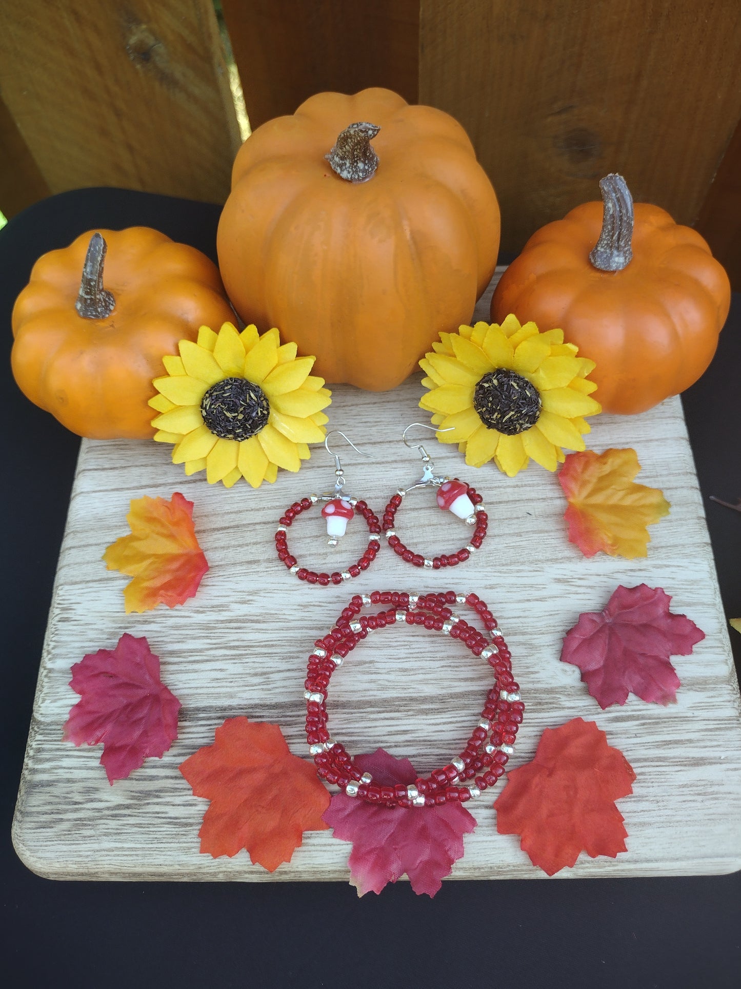 Red Mushroom Seed Bead Hoop Earrings