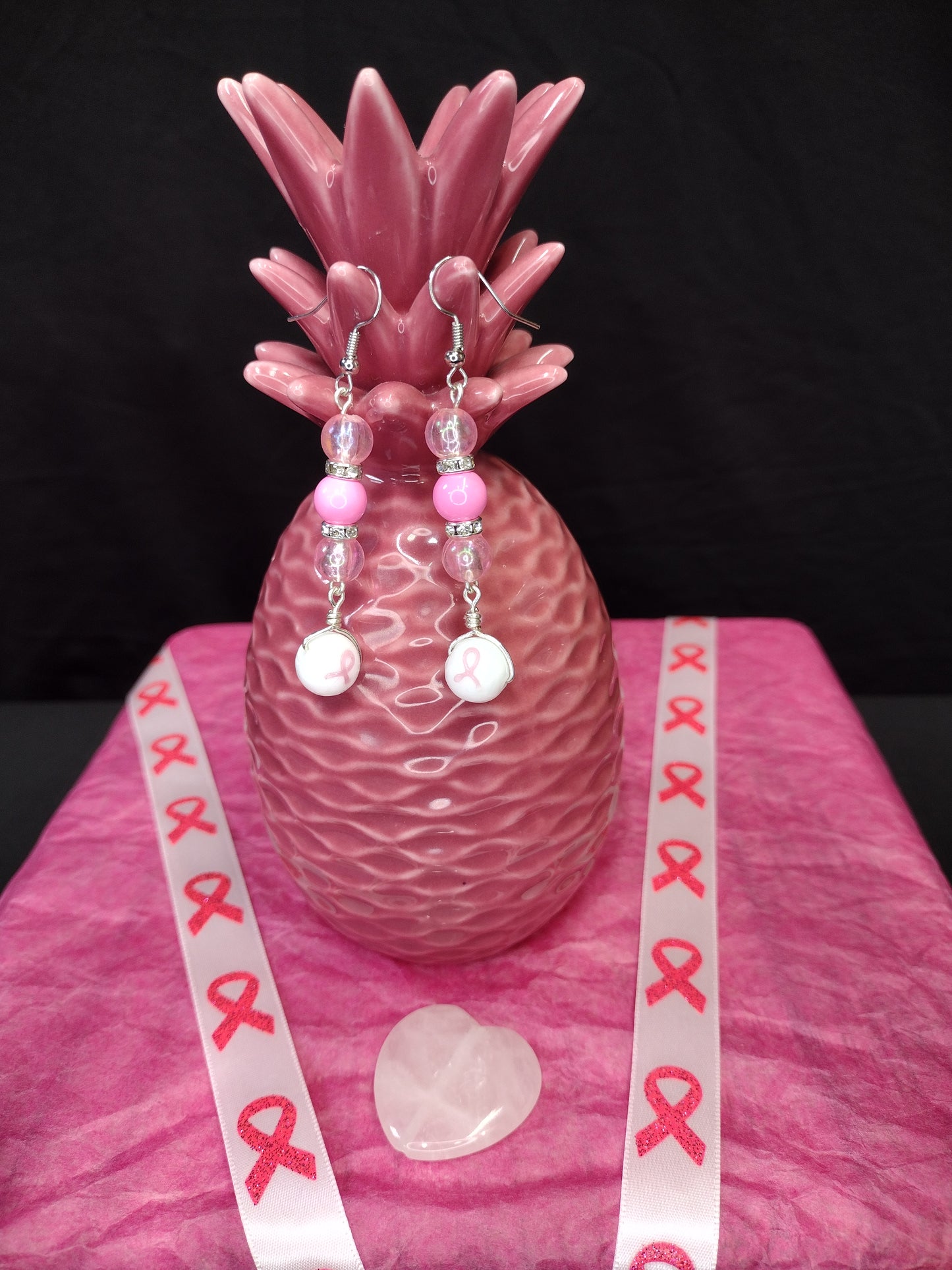 Pink Ribbon Dangly Drop Earrings Pretty Pineapple Bead Pretty Pineapple Bead