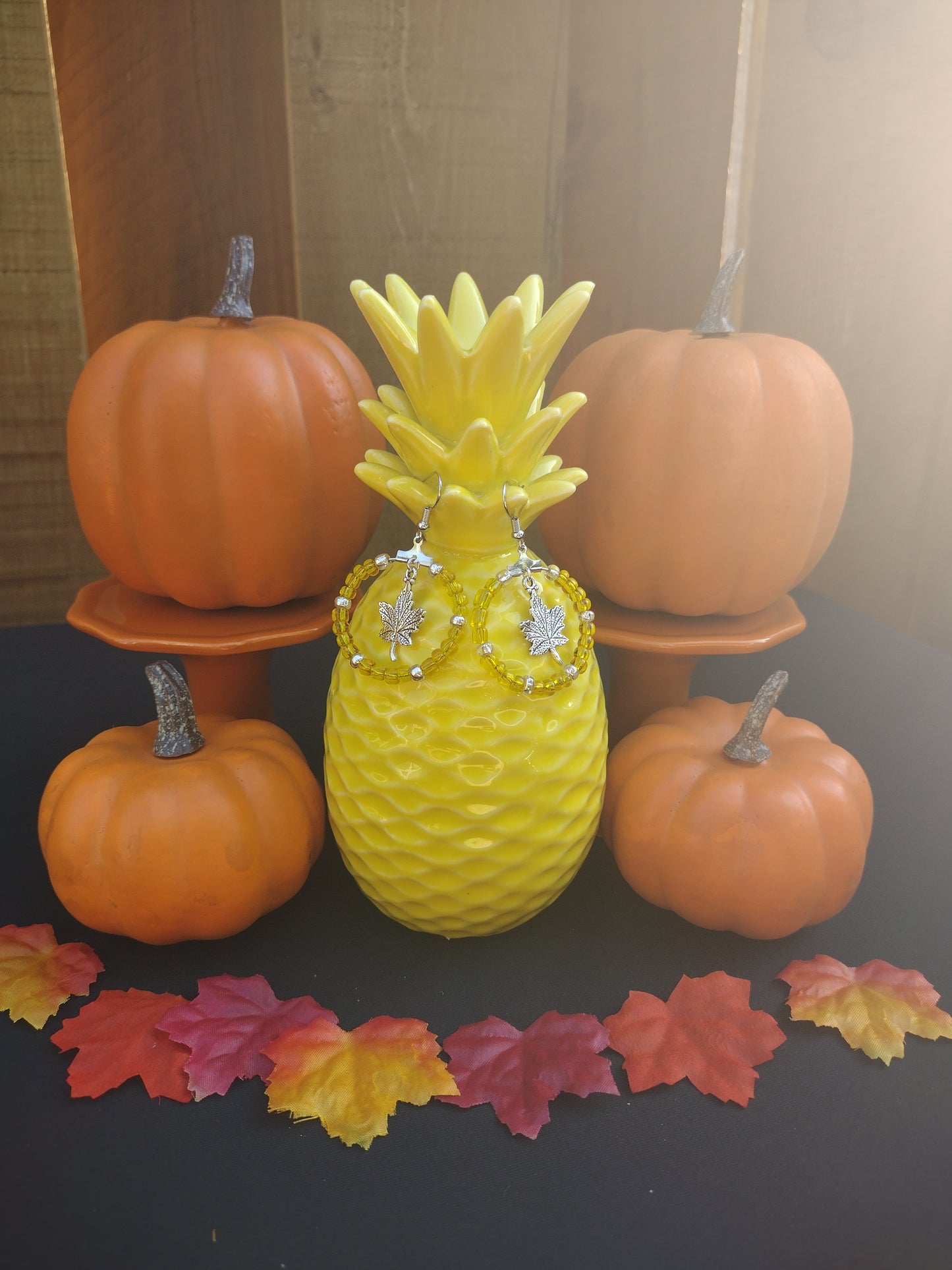Yellow Leaf Seed Bead Hoop Earrings Pretty Pineapple Bead Pretty Pineapple Bead