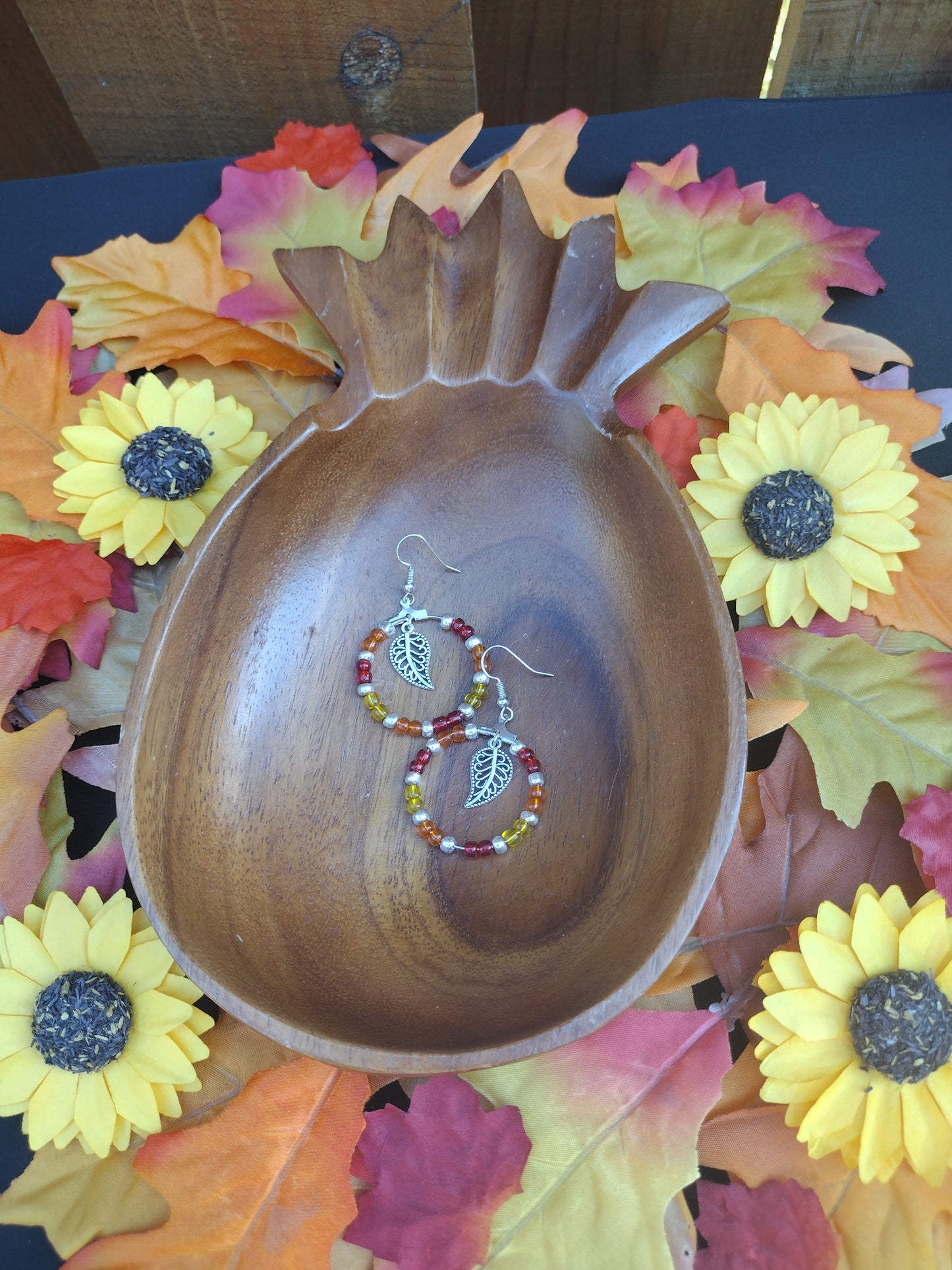 Fall Leaf Bright Colors Seed Bead Hoop Earrings