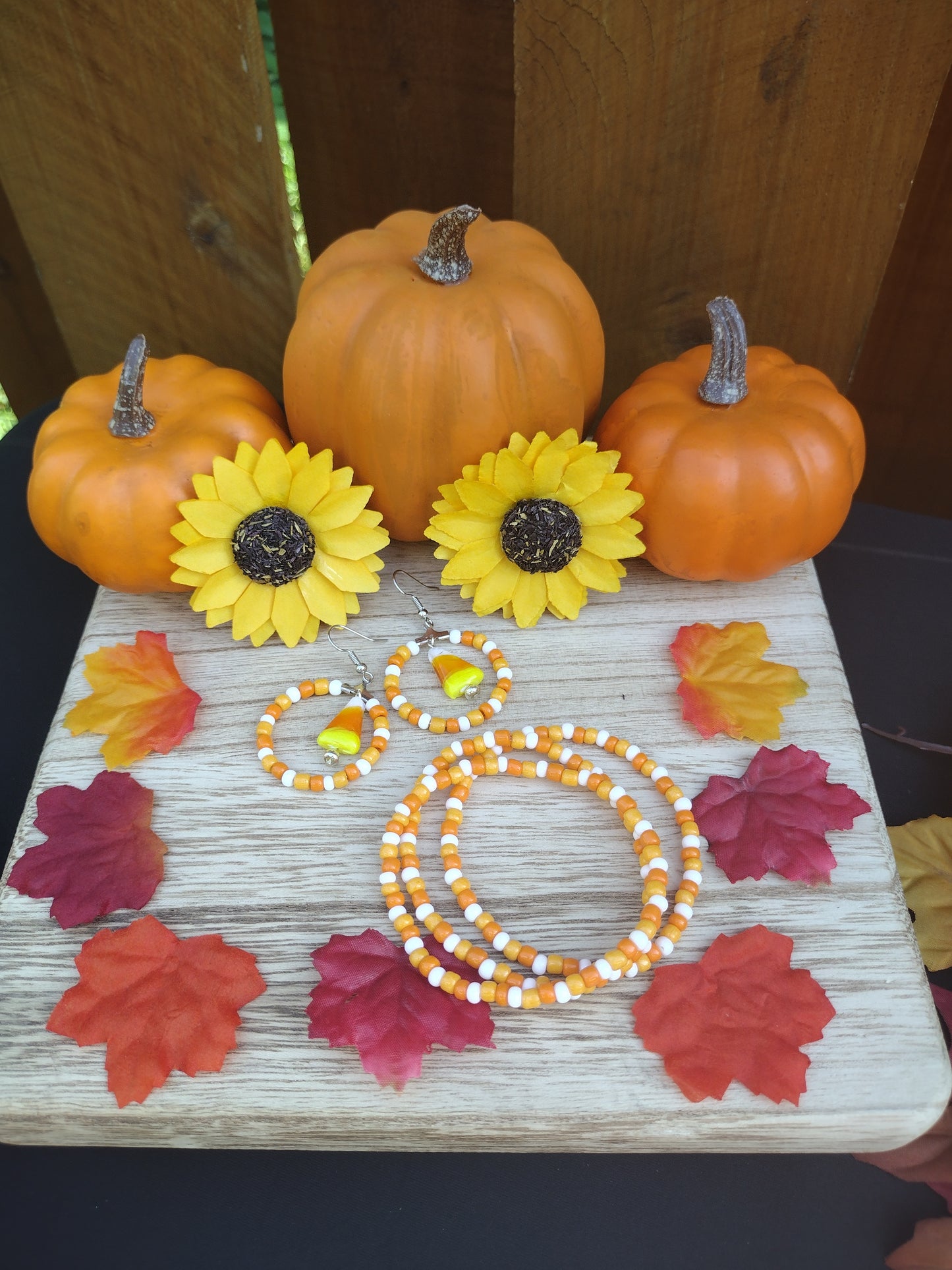 Candy Corn Seed Bead Hoop Earrings