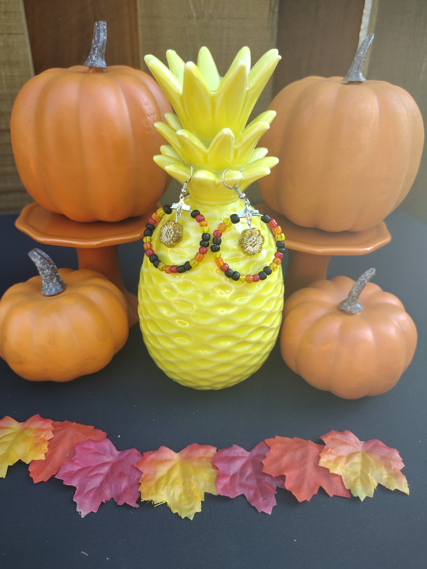 Fall Golden Flower Seed Bead Hoop Earrings Pretty Pineapple Bead Pretty Pineapple Bead