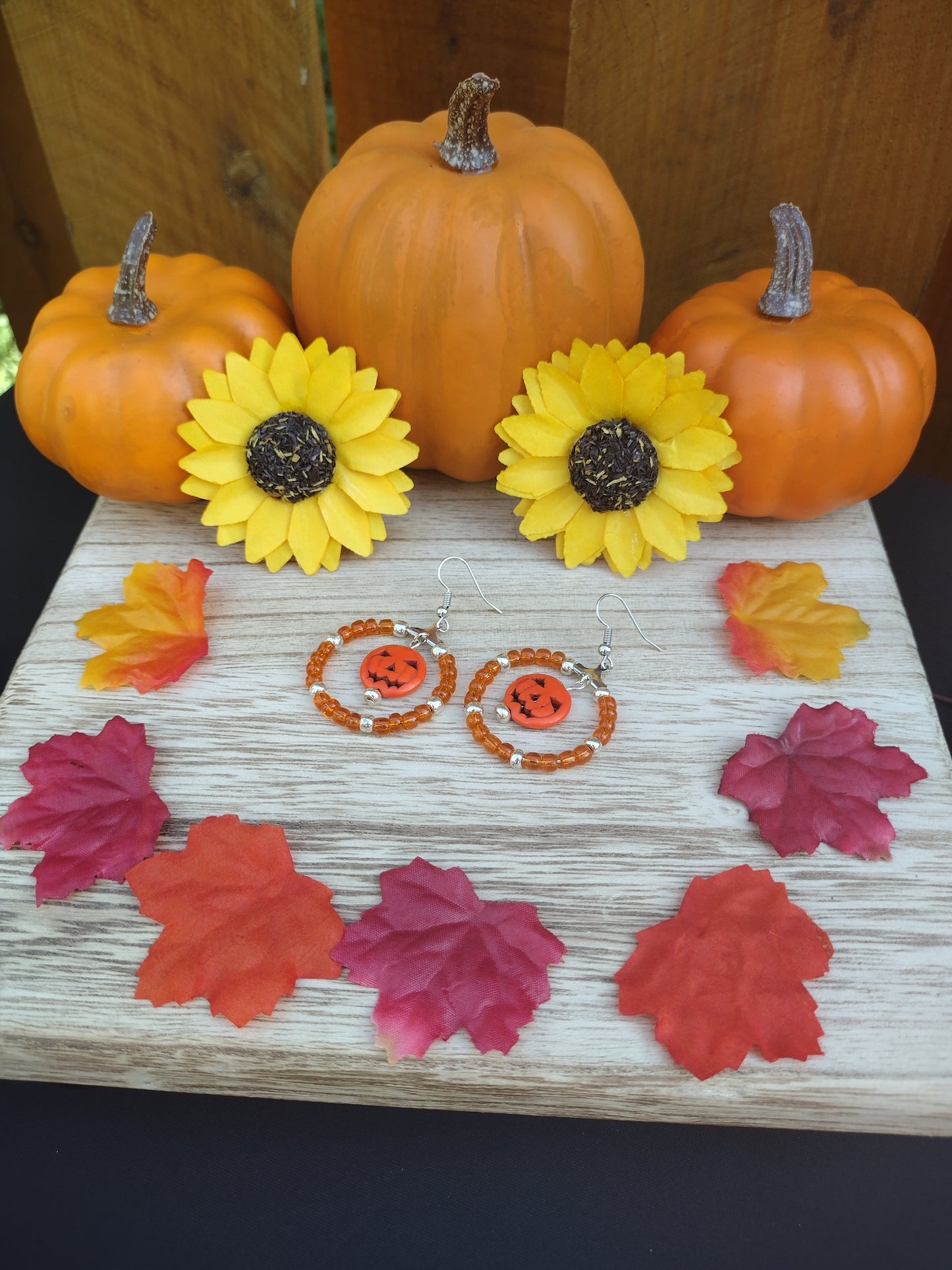 Orange Jack-o'-lantern Seed Bead Hoop Earrings