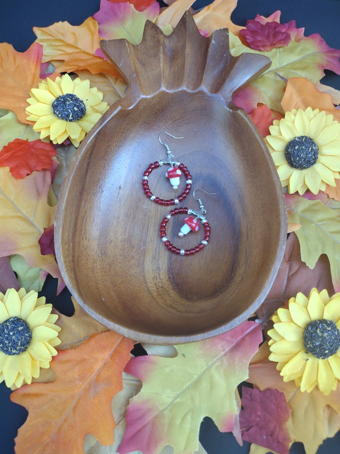 Red Mushroom Seed Bead Hoop Earrings