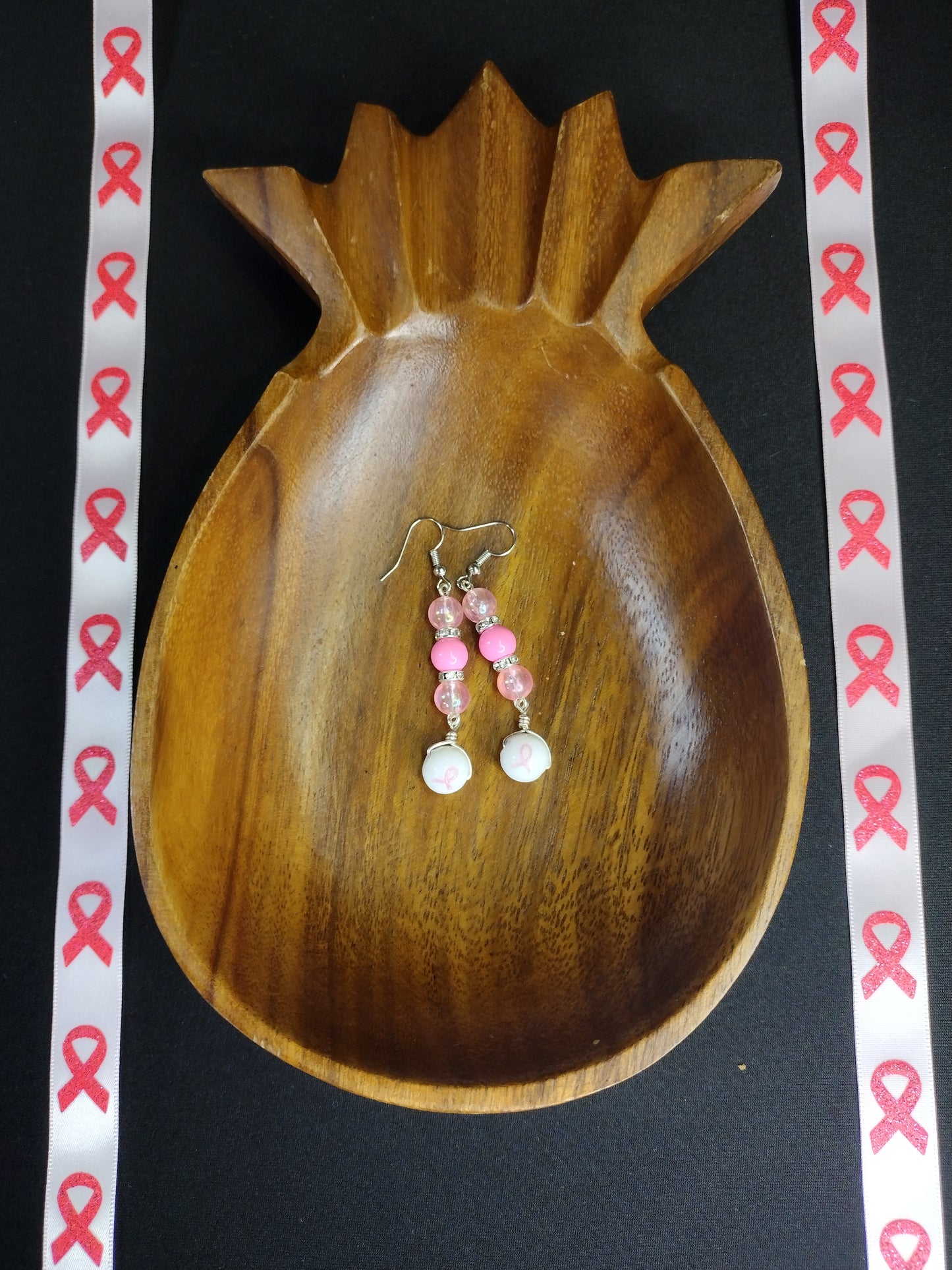 Pink Ribbon Dangly Drop Earrings Pretty Pineapple Bead Pretty Pineapple Bead