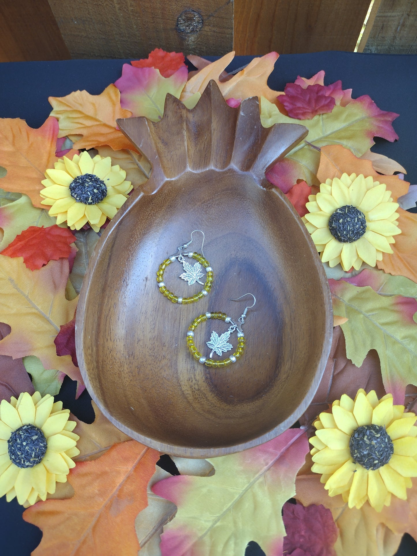 Yellow Leaf Seed Bead Hoop Earrings Pretty Pineapple Bead Pretty Pineapple Bead