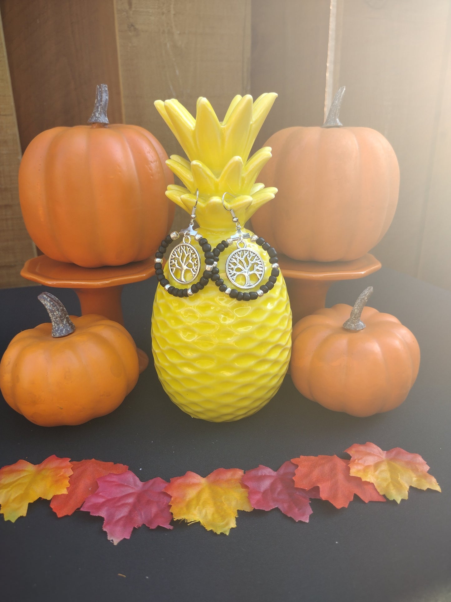 Black Tree Seed Bead Hoop Earrings Pretty Pineapple Bead Pretty Pineapple Bead