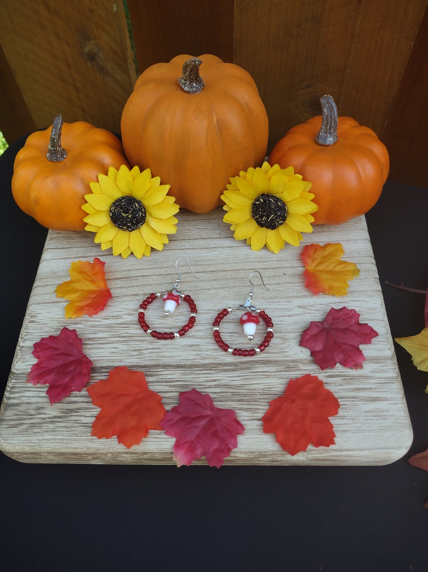 Red Mushroom Seed Bead Hoop Earrings
