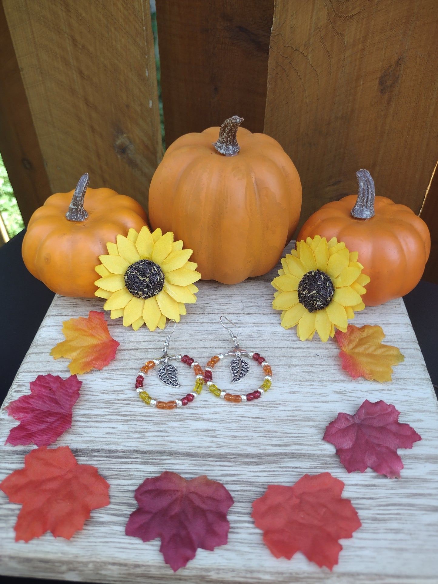 Fall Leaf Bright Colors Seed Bead Hoop Earrings