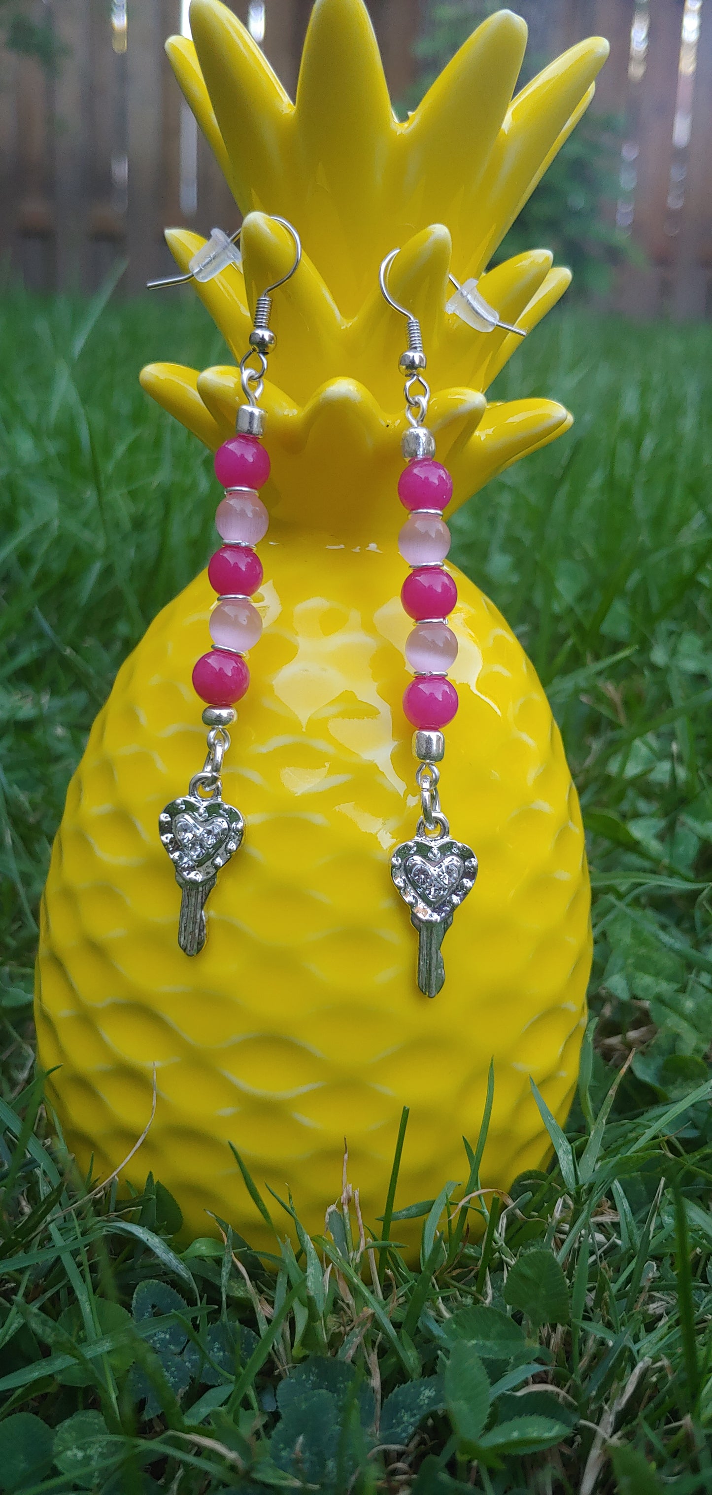 Pink Heart Key Earrings freeshipping - Prettypineapplebead