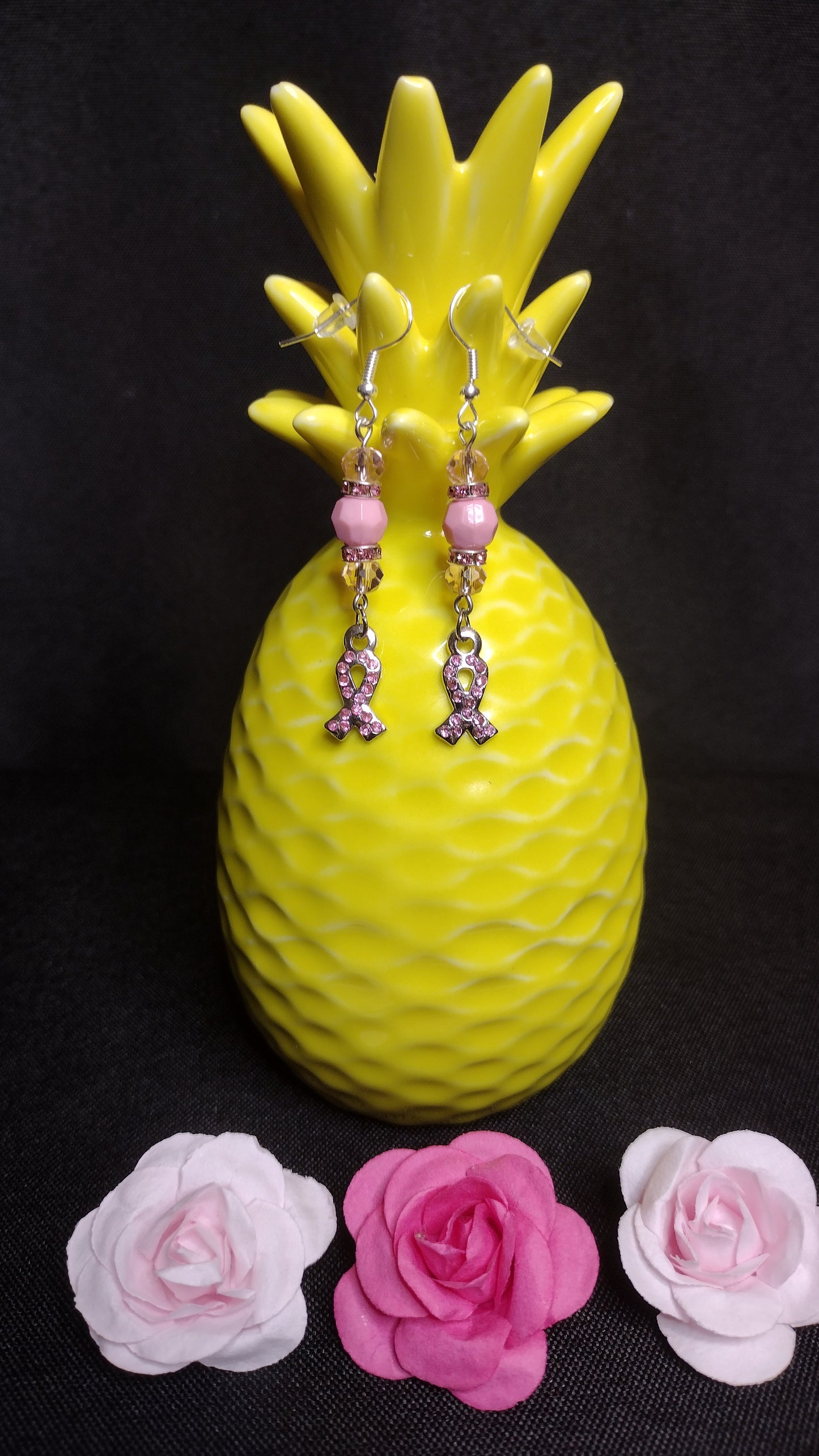 Pink Rhinestone Ribbon Earrings Pretty Pineapple Bead Pretty Pineapple Bead