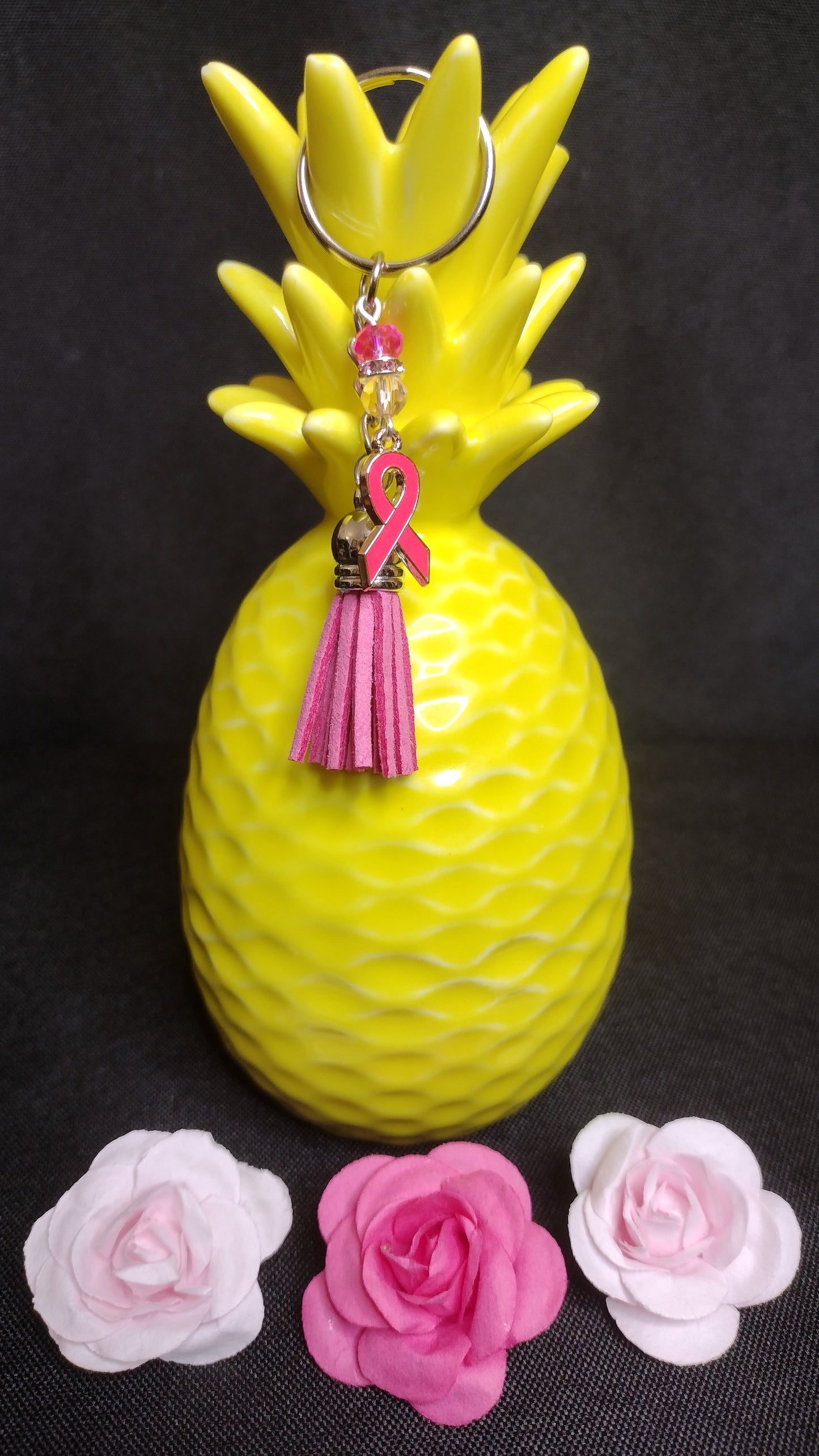 Dark Pink Ribbon Keychain Pretty Pineapple Bead Pretty Pineapple Bead