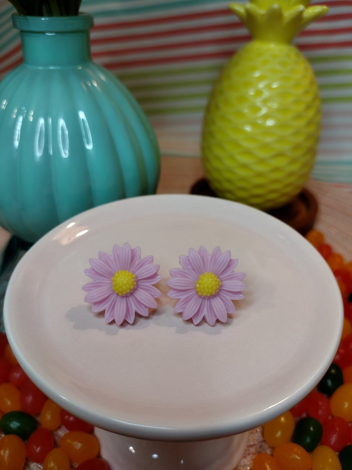 Large Purple Daisy Flower Stud Earrings Pretty Pineapple Bead Pretty Pineapple Bead