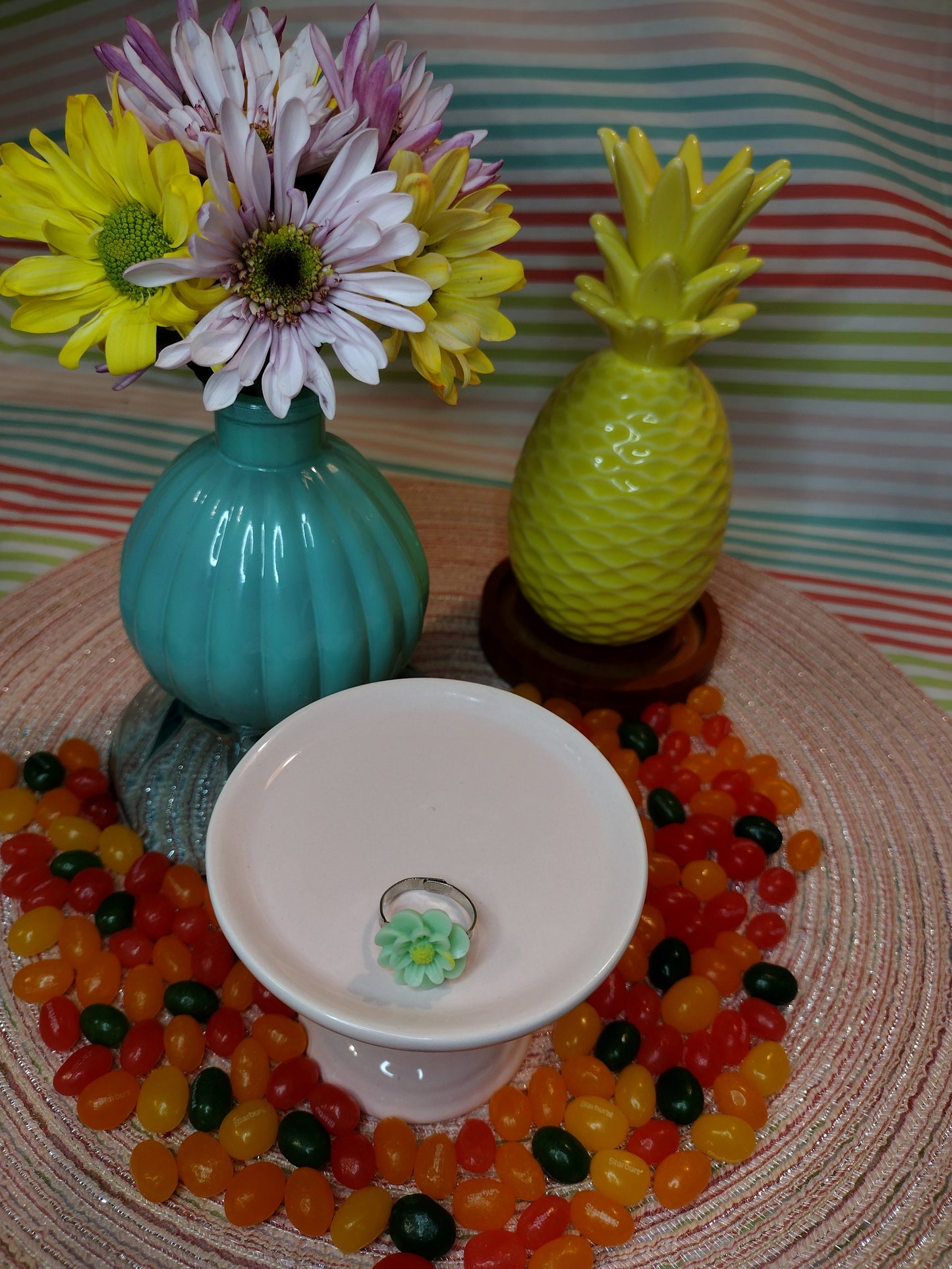 Green Flower Adjustable Ring Pretty Pineapple Bead Pretty Pineapple Bead