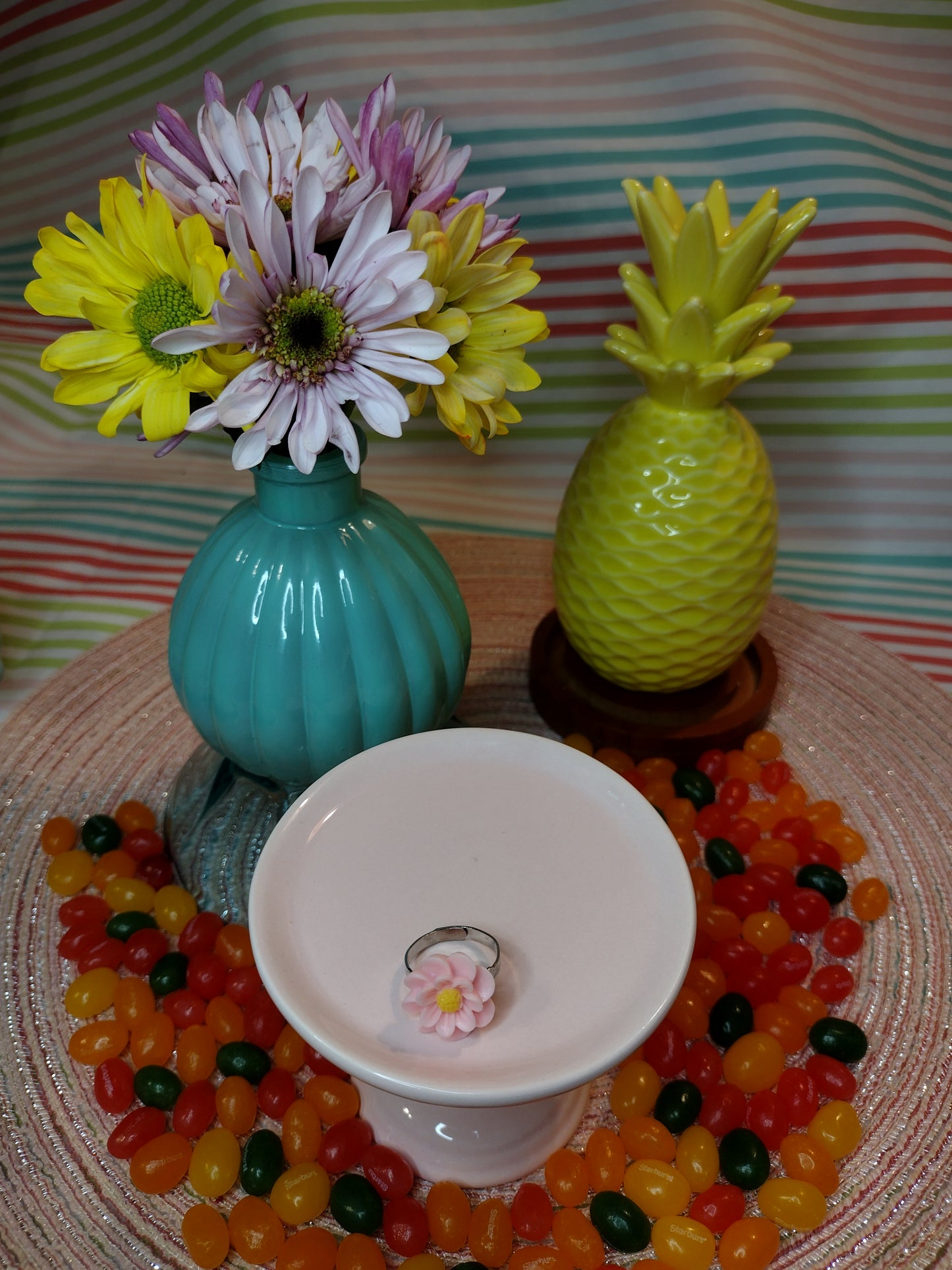 Pink Flower Adjustable Ring Pretty Pineapple Bead Pretty Pineapple Bead