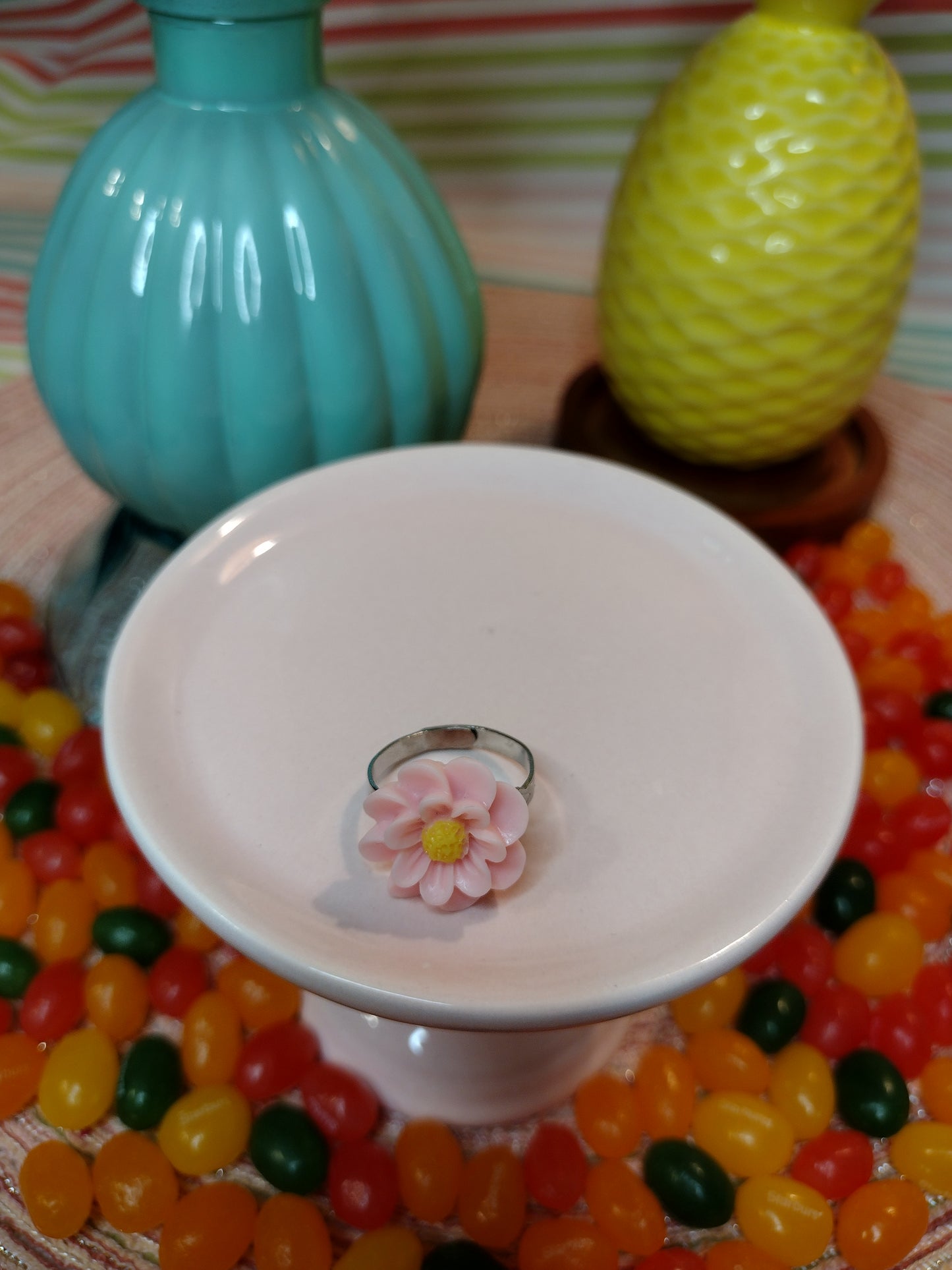 Pink Flower Adjustable Ring Pretty Pineapple Bead Pretty Pineapple Bead