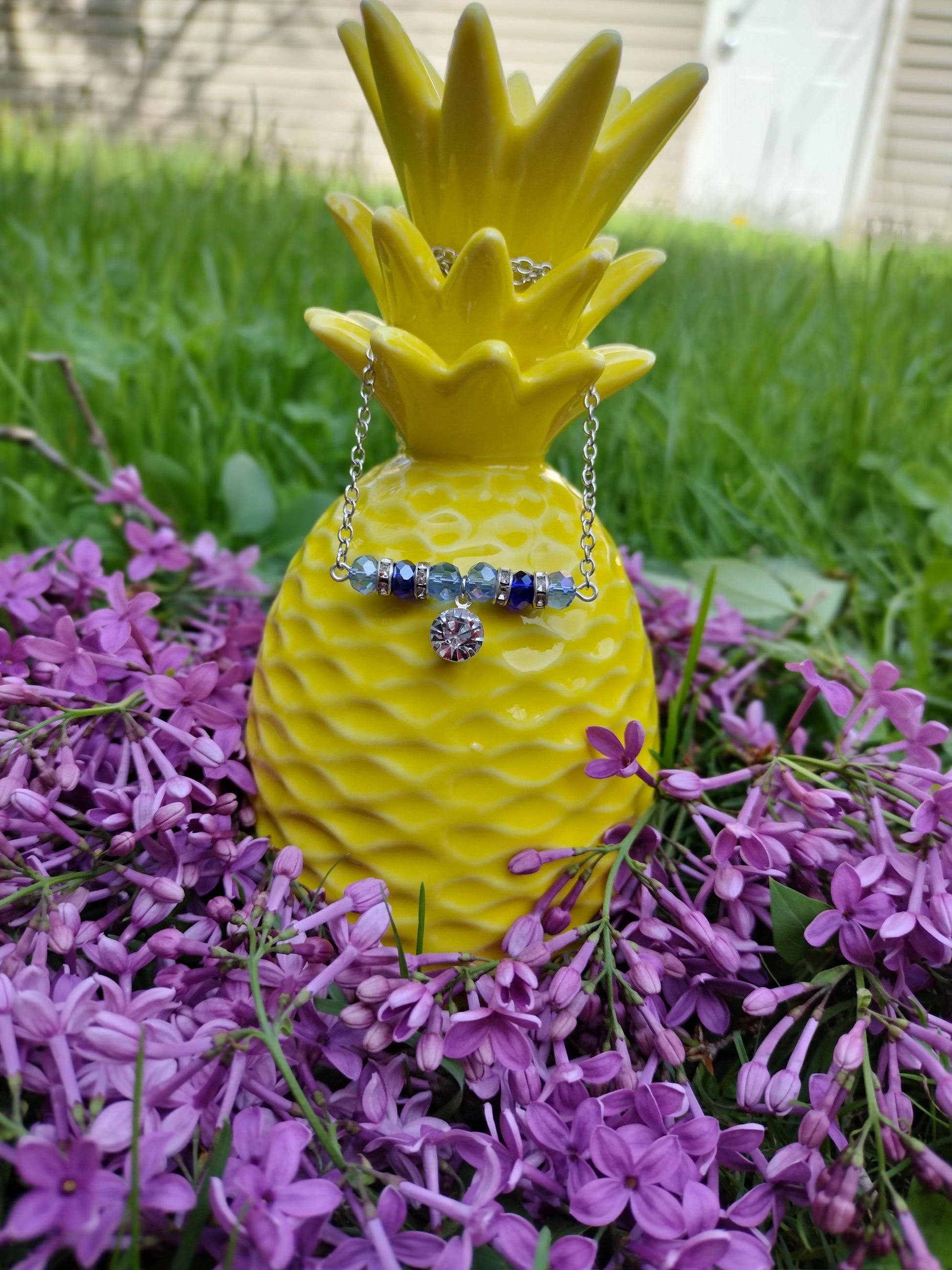 Blue Rhinestone Bar Necklace Pretty Pineapple Bead Pretty Pineapple Bead