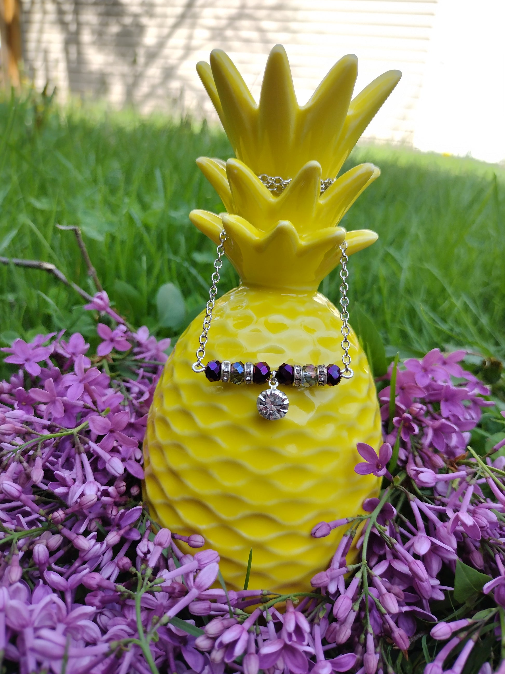 Iridescent Purple Rhinestone Bar Necklace Pretty Pineapple Bead Pretty Pineapple Bead