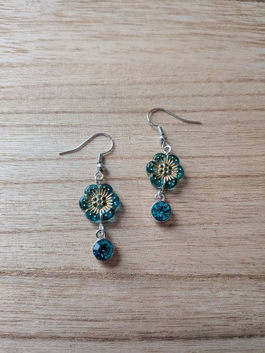 Teal Flower and Blue Crystal Drop Earrings