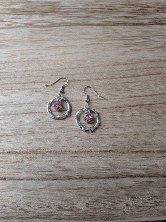 Silver Hoop and Light Pink Crystal Earrings