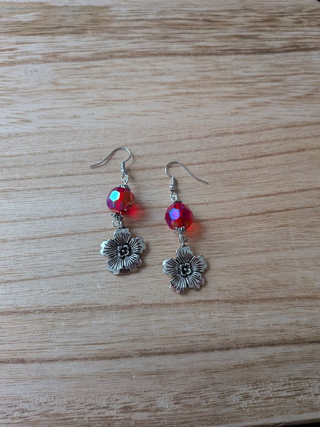 Red Crystal and Silver Flower Earrings