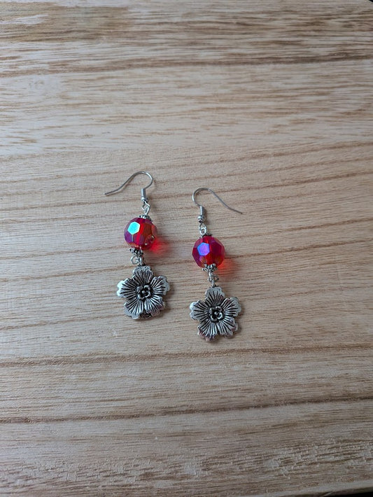 Red Crystal and Silver Flower Earrings