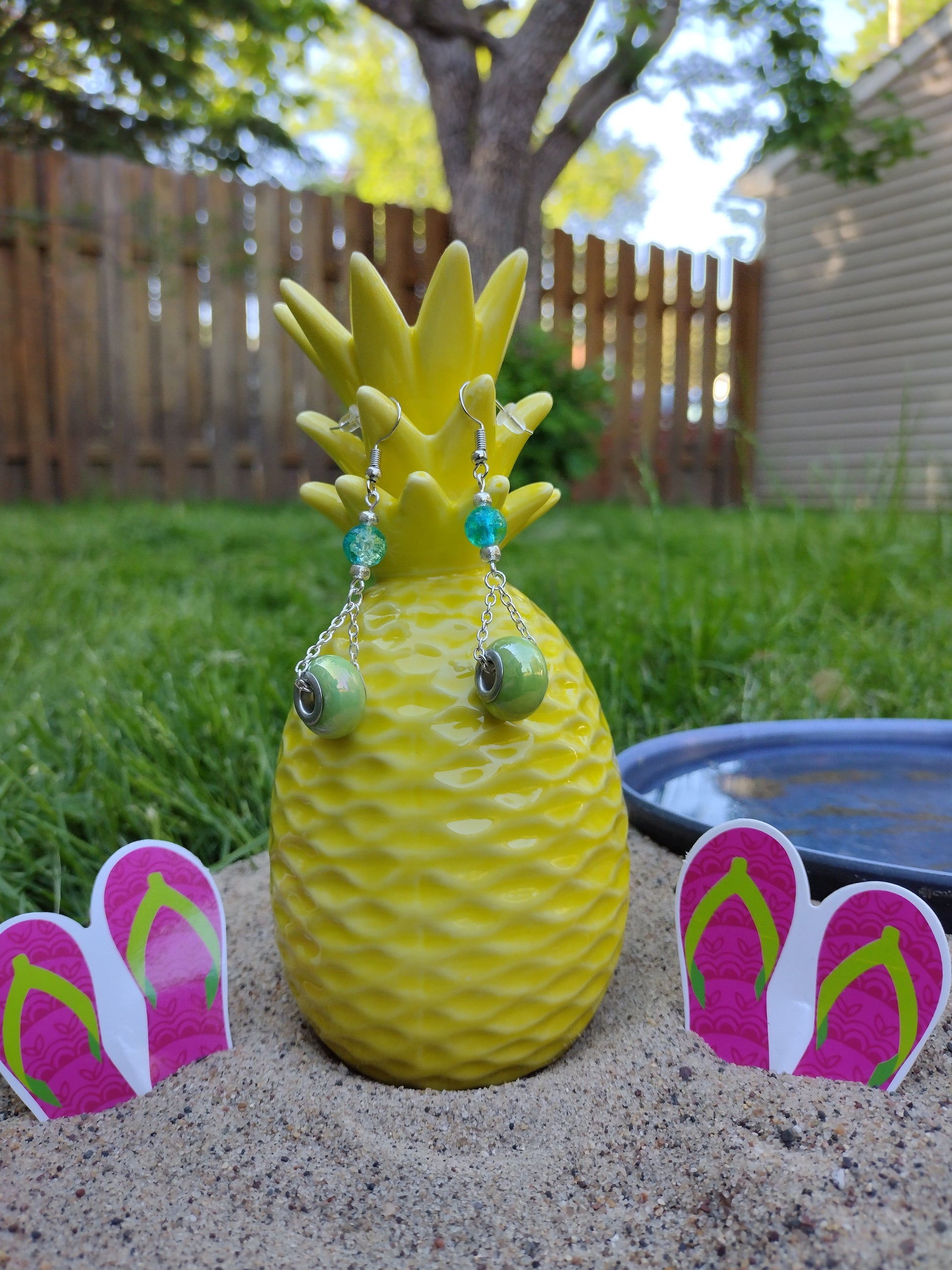 Green Dangly Earrings Pretty Pineapple Bead Pretty Pineapple Bead