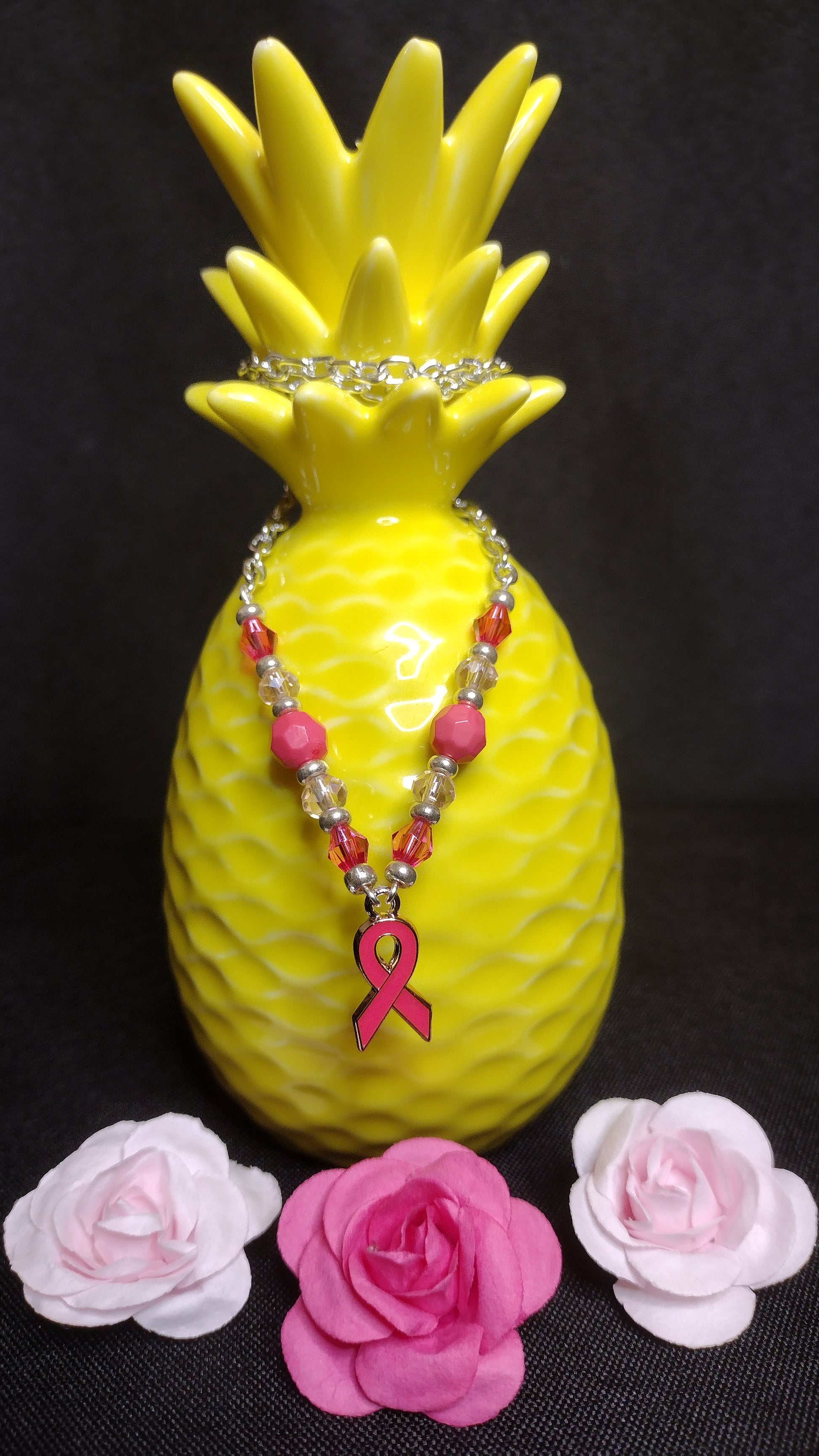 Dark Pink Ribbon Necklace Pretty Pineapple Bead Pretty Pineapple Bead